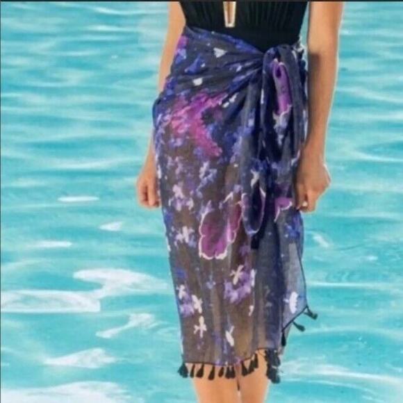 Peter Som Sarong Cover Up Dream Floral Print Tasseled Meteorite Purple OS NWT - Picture 3 of 5